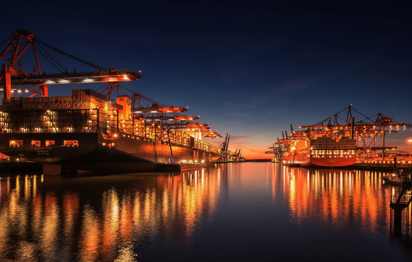 Photo wallpaper The evening, Port, The ship, A container ship, MSC, Zaton, Barge, Bunker