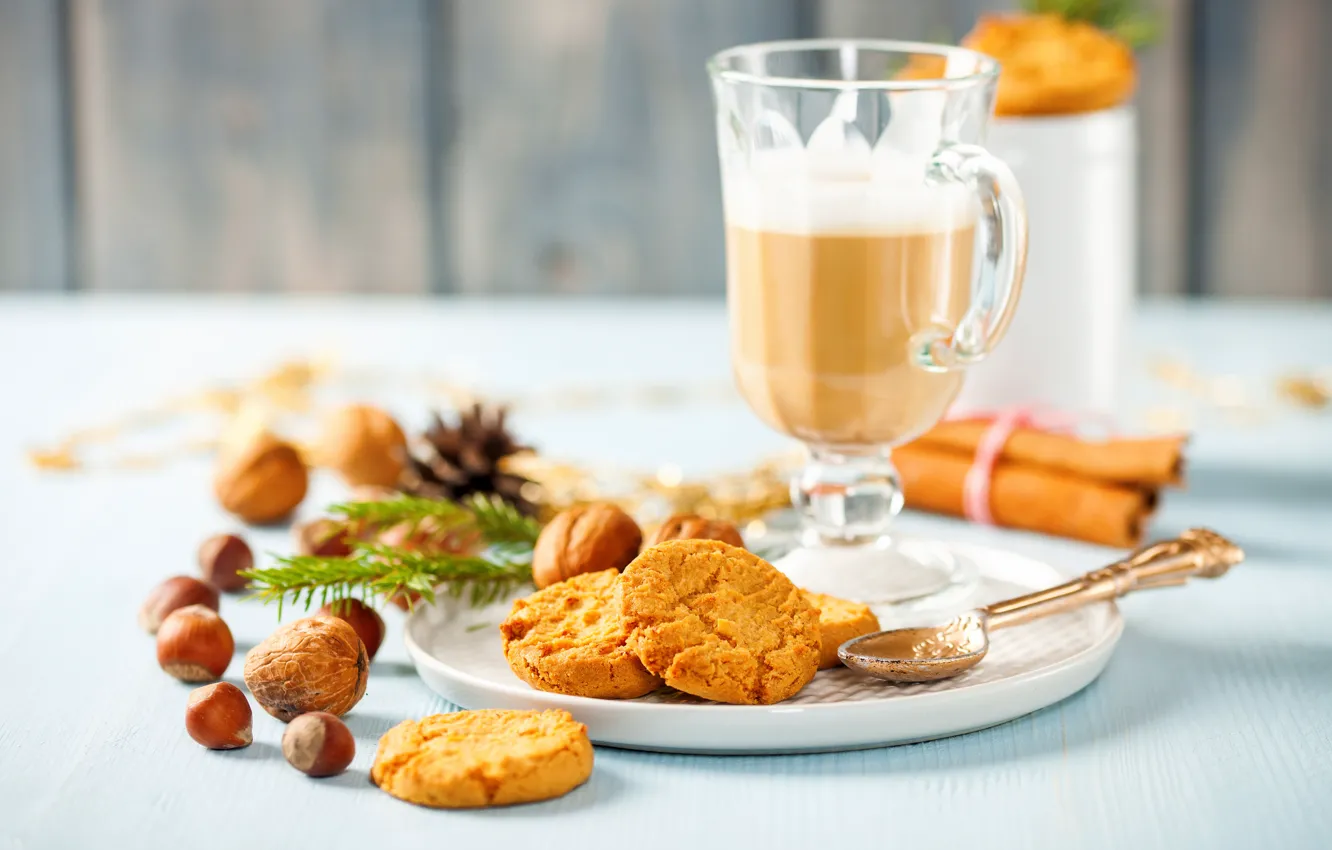Photo wallpaper coffee, cookies, drink, nuts, cinnamon