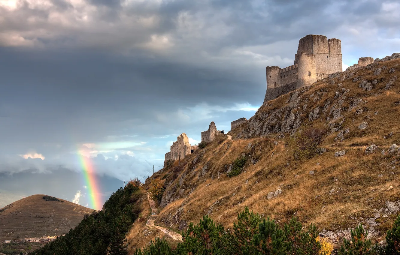 Photo wallpaper Italy, Rainbow, The ruins, Fortress, Abruzzo Italy, Rainbow And The Castle