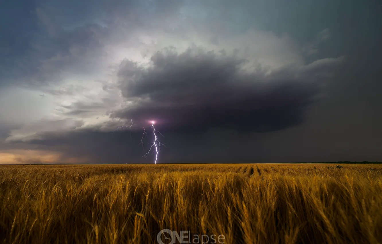 Photo wallpaper the storm, field, summer, storm, lightning, USA, June, Leoti