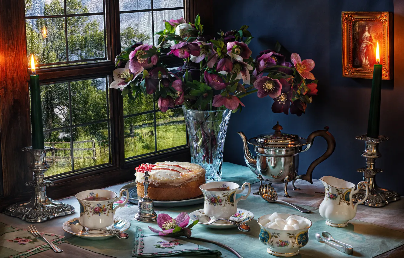 Photo wallpaper flowers, style, bouquet, candles, window, Cup, cake, sugar