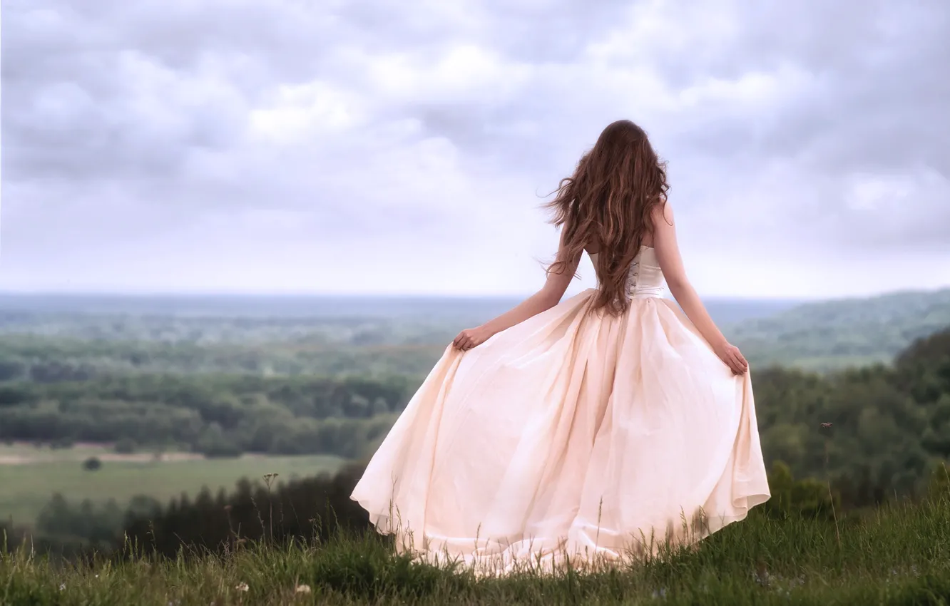 Photo wallpaper girl, nature, pose, the wind, back, dress, Valentine Shepitko
