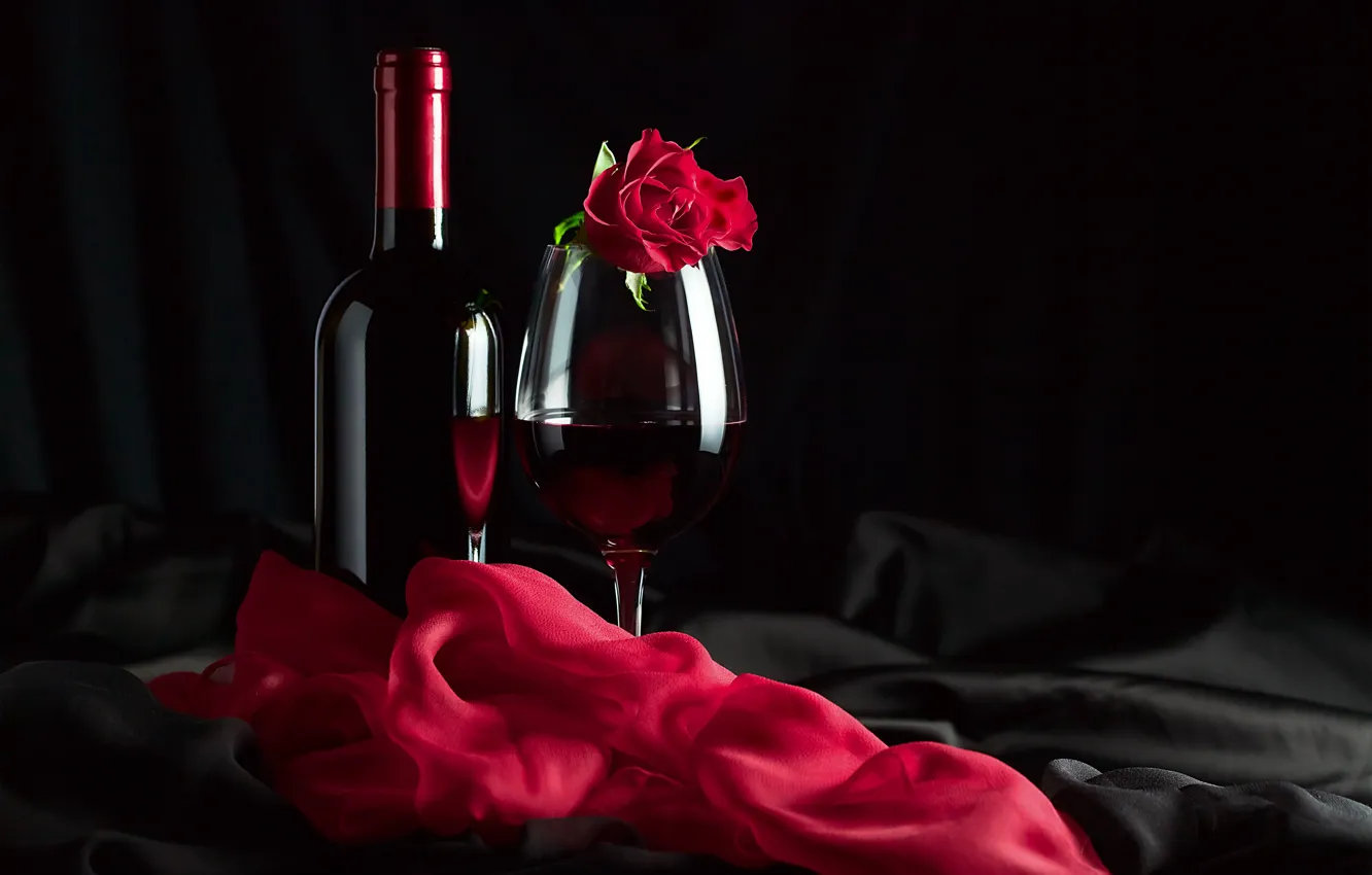 Photo wallpaper red, wine, glass, roses, fabric