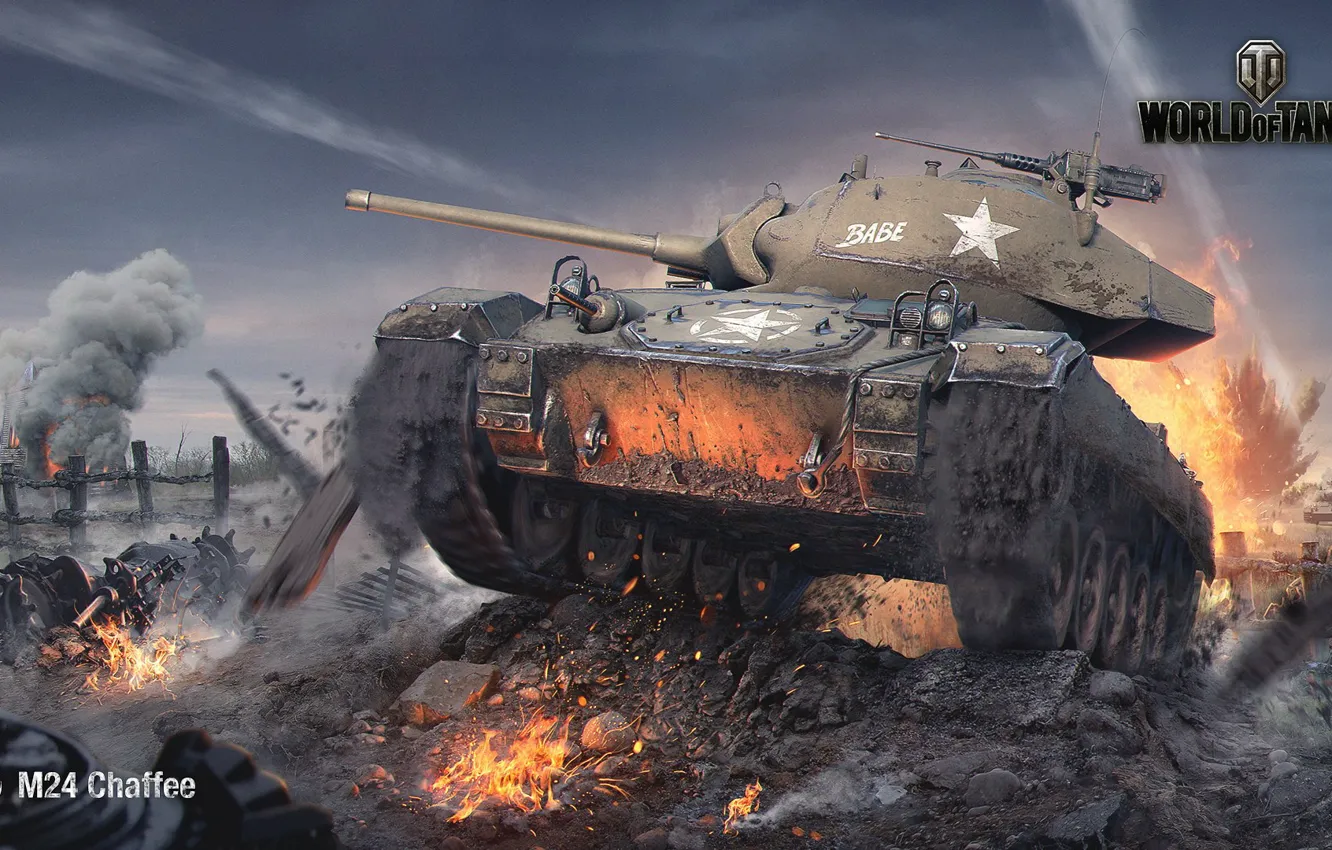 Photo wallpaper field, the explosion, lights, smoke, art, tank, American, World of Tanks