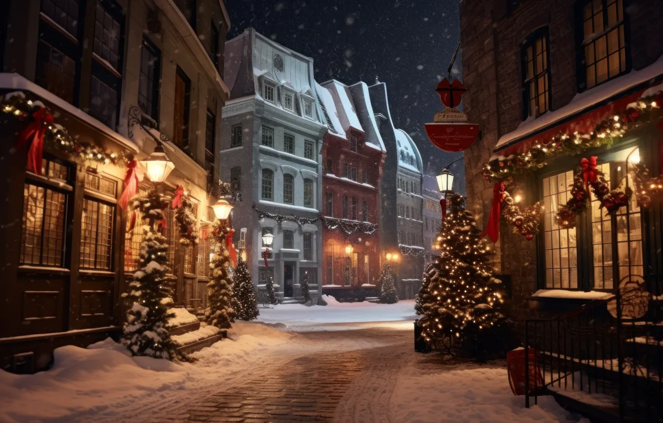 Photo wallpaper winter, snow, decoration, night, the city, lights, street, tree