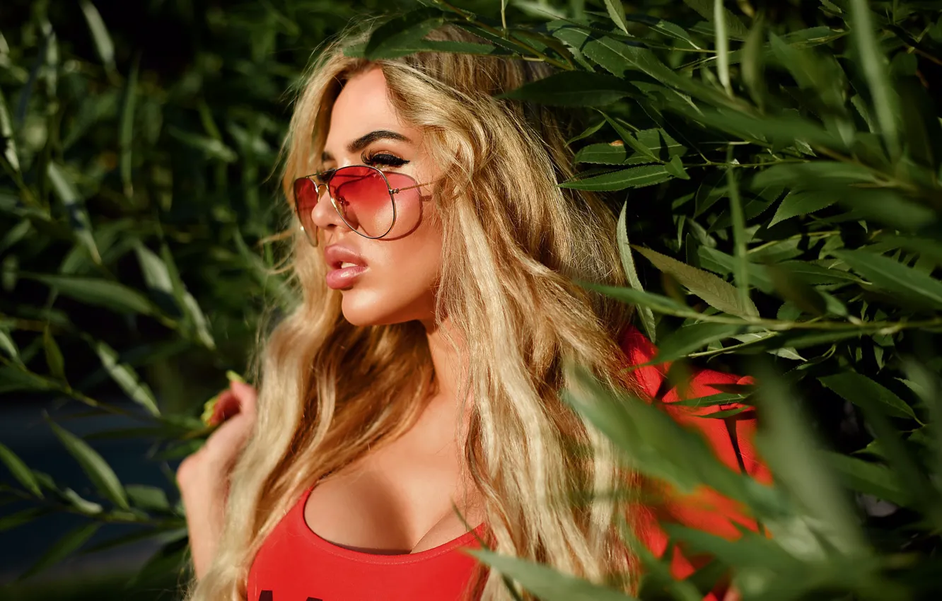 Photo wallpaper chest, leaves, girl, face, hair, portrait, glasses, Andrew Stern