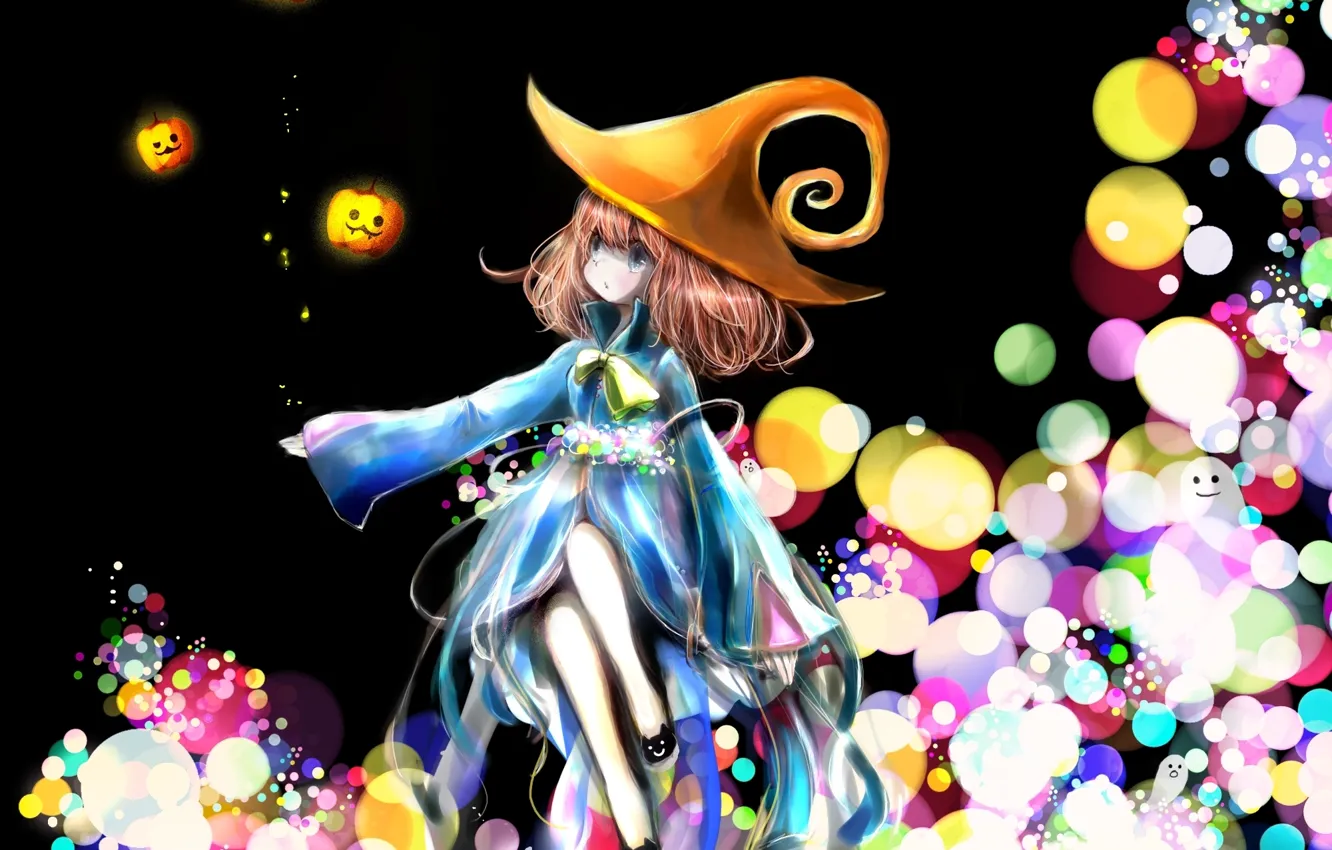 Photo wallpaper hat, anime, art, girl, pumpkin, bow, milkuro