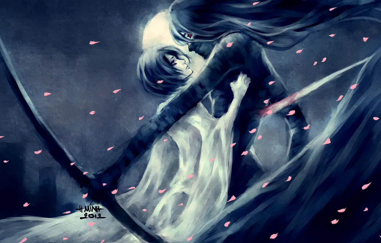 Photo wallpaper girl, night, the moon, petals, art, guy, bleach, Kurosaki Ichigo