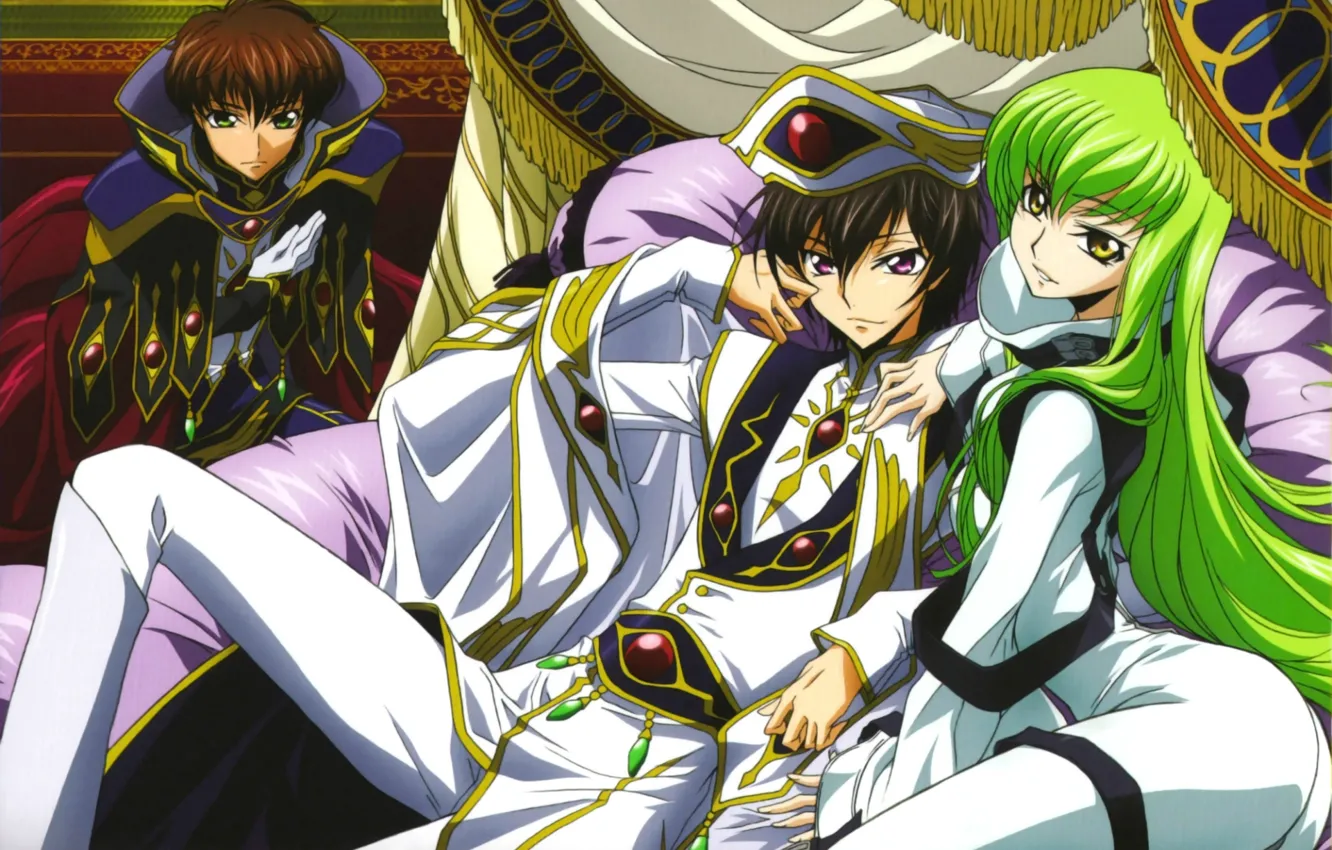 Photo wallpaper mantle, green hair, Code Geass, the throne, Lord, lelouch lamperouge, C.C., Suzaku Kururugi