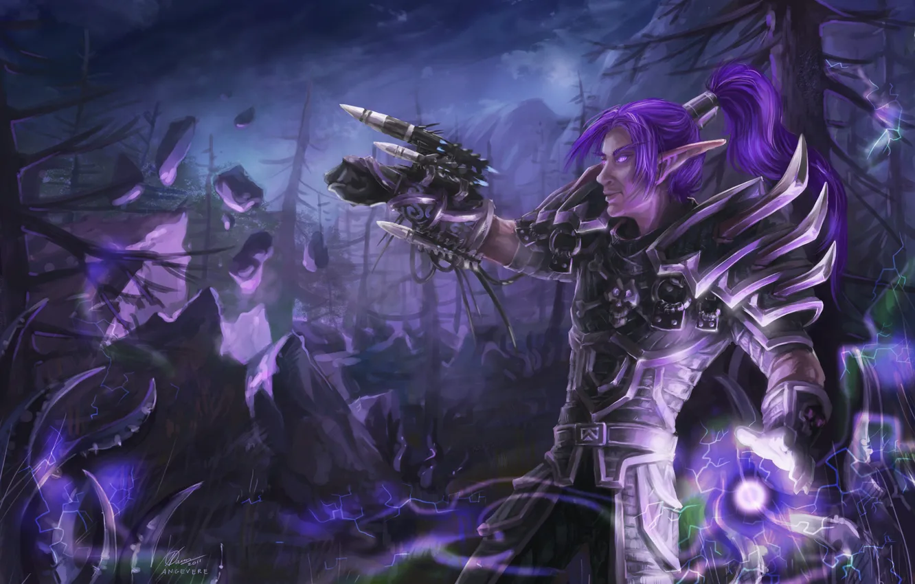 Photo wallpaper forest, weapons, magic, elf, art, World of Warcraft, guy, wow