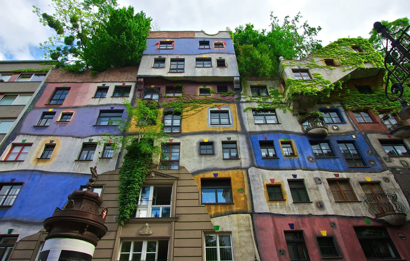 Photo wallpaper the sky, trees, color, Austria, Vienna, Hundertwasser house