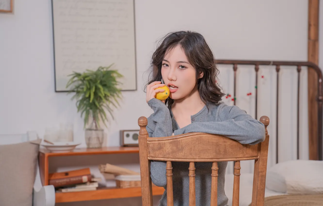 Photo wallpaper woman, beautiful, model, pretty, chair, orange, board, book