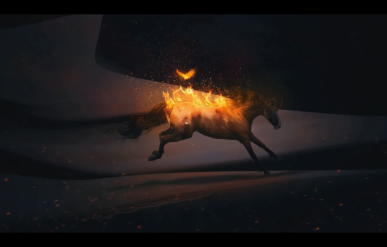 Photo wallpaper fire, bird, horse, fantasy, by Neverrmind