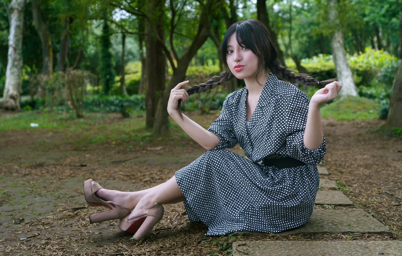 Photo wallpaper girl, dress, braid, Asian