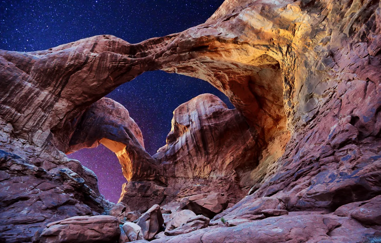 Photo wallpaper the sky, stars, arch, Utah, USA, Utah, Arches National Park, Double Arch