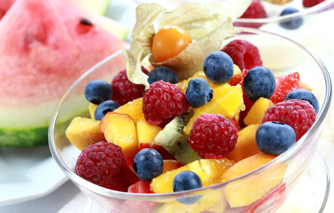 Photo wallpaper berries, raspberry, watermelon, kiwi, blueberries, fruit, peaches, salad