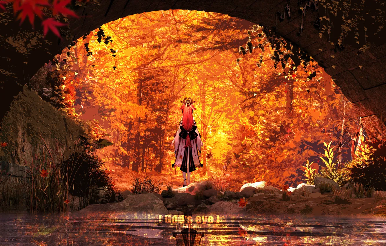 Photo wallpaper autumn, forest, girl, bridge, river, Genshin Impact, Yae Miko