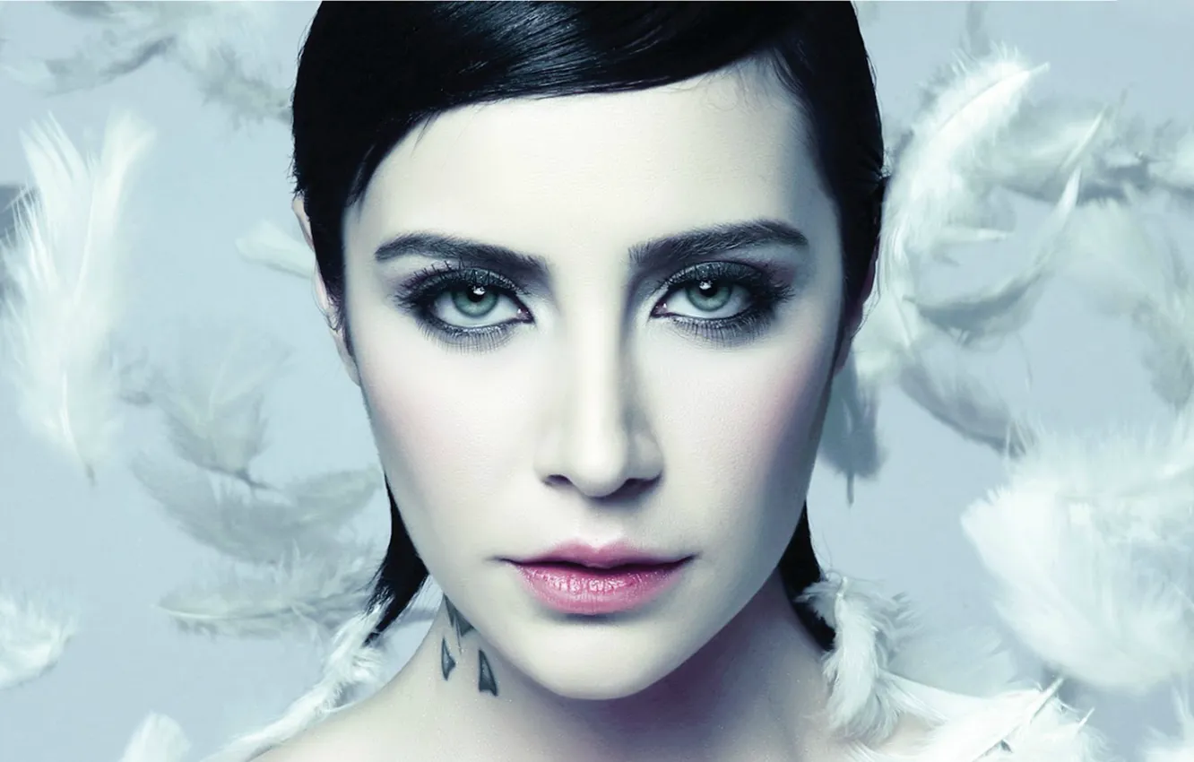 Photo wallpaper eyes, look, girl, style, power, model, feathers, makeup