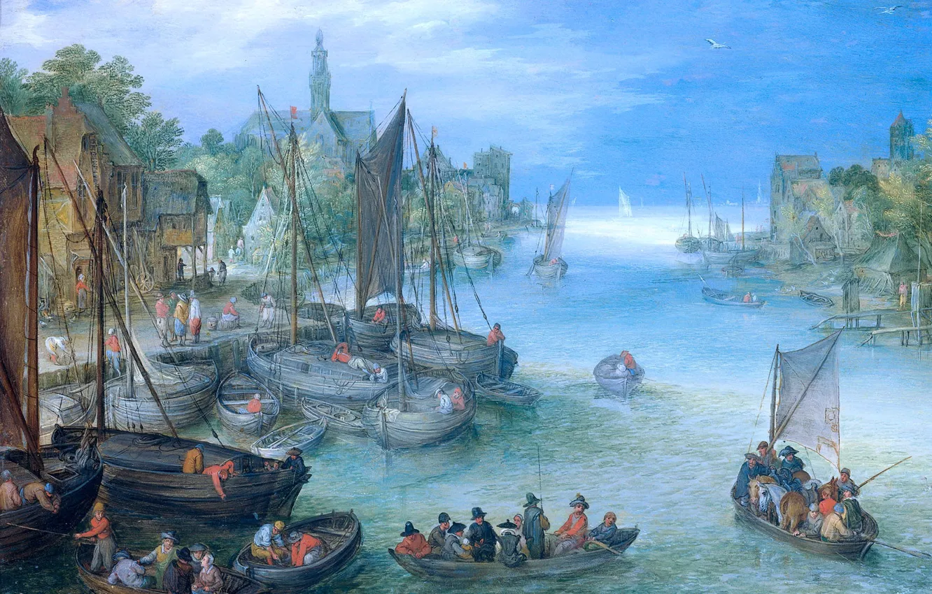 Photo wallpaper picture, boats, River Landscape, Jan Brueghel the elder