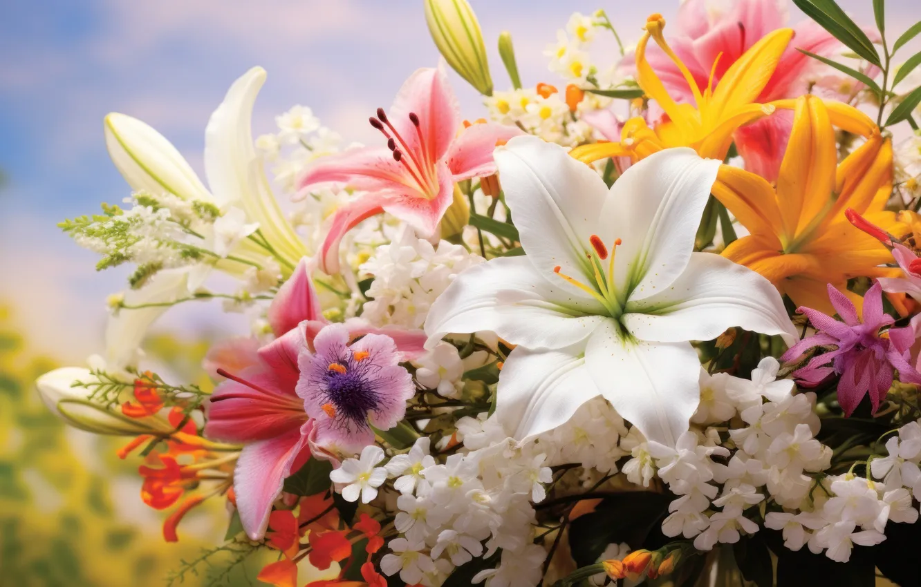 Photo wallpaper flowers, Lily, bouquet, AI art, neural network