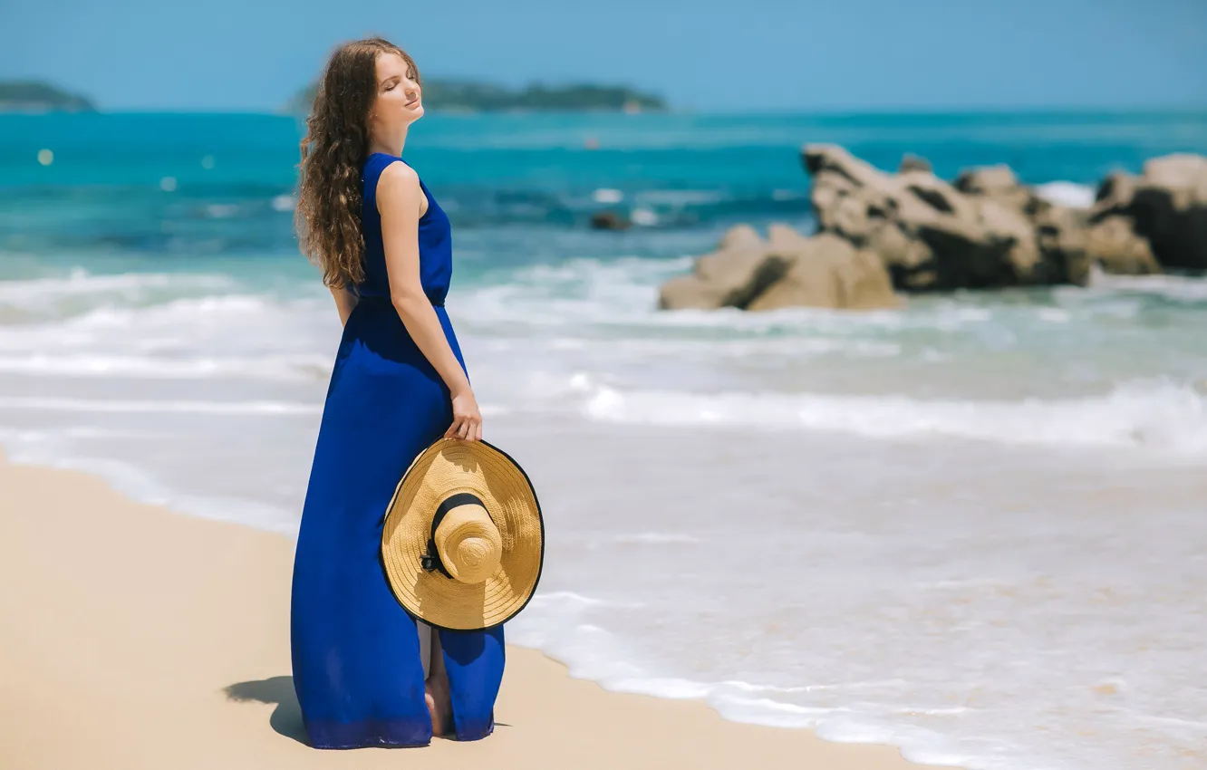 Photo wallpaper sand, sea, beach, the sun, pose, stones, model, portrait