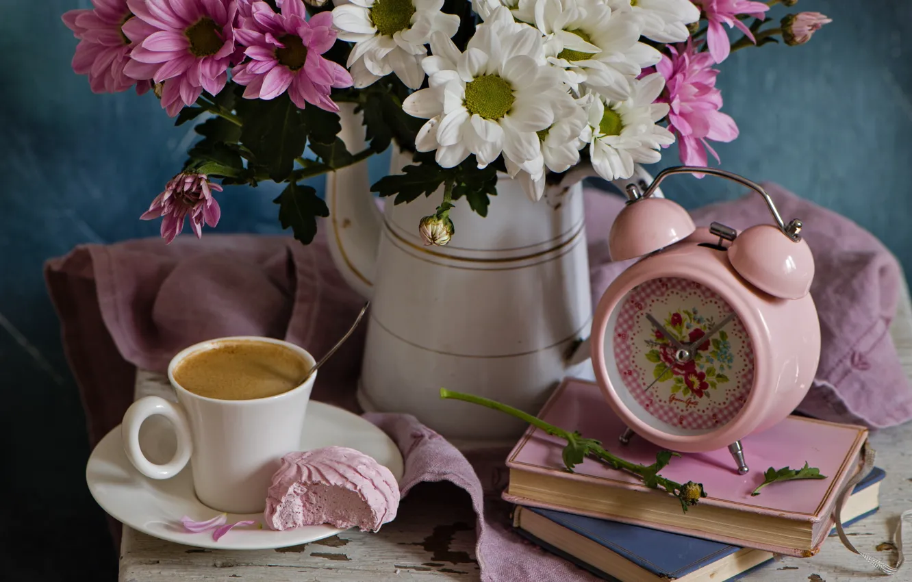 Photo wallpaper flowers, watch, coffee, Cup, chrysanthemum