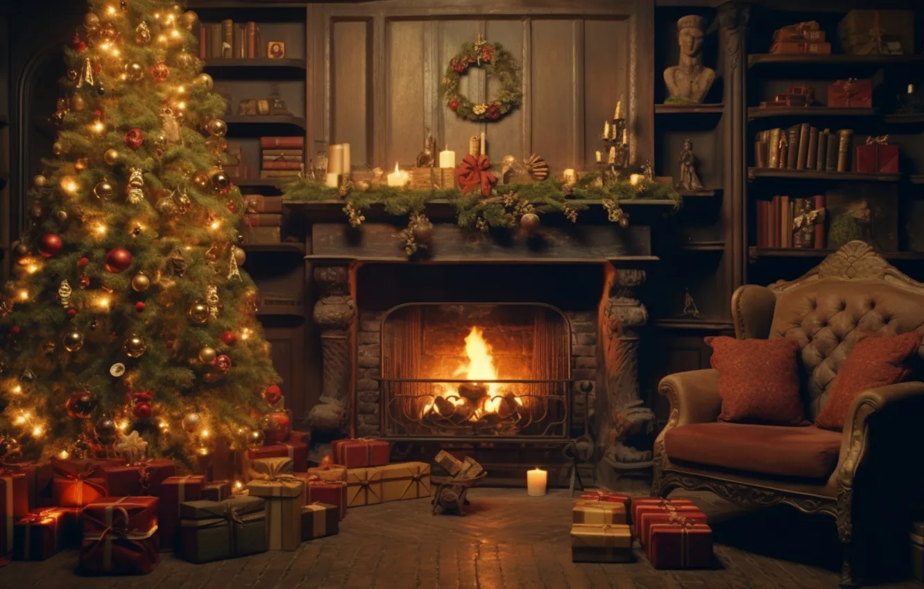 Photo wallpaper decoration, room, gift, tree, new year, interior, Christmas, fireplace