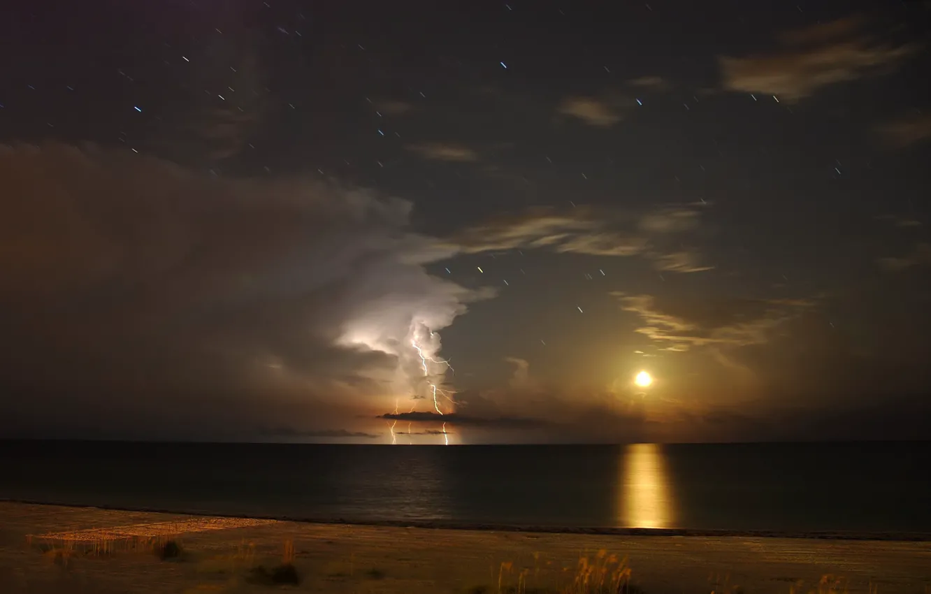 Photo wallpaper stars, clouds, the moon, lightning, Florida, Antares, Anna Maria Island, Gulf of Mexico