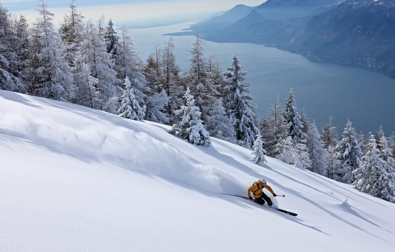 Photo wallpaper snow, the descent, ski, extreme, skier