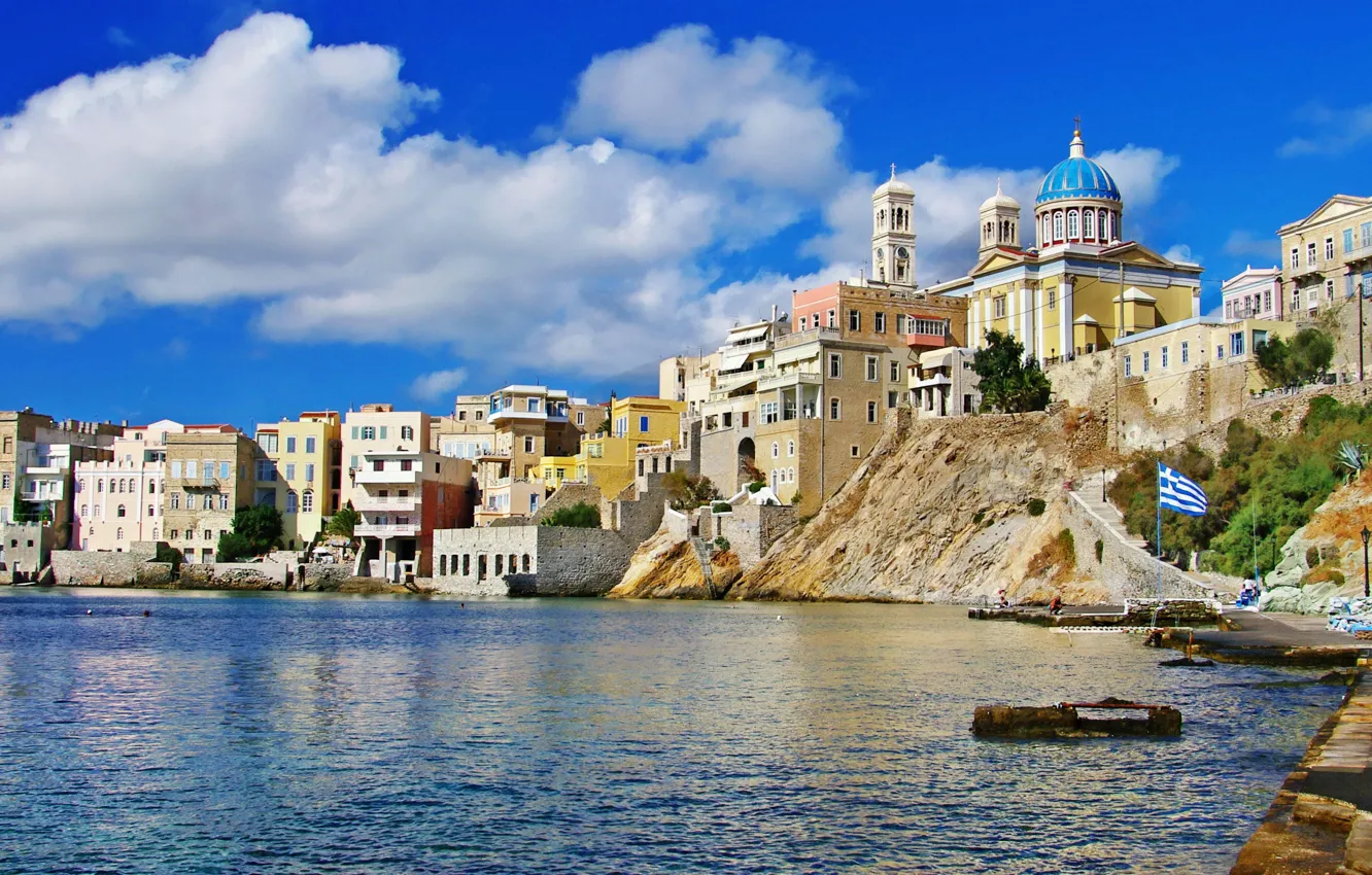 Photo wallpaper sea, the sky, clouds, the city, shore, panorama, Greece