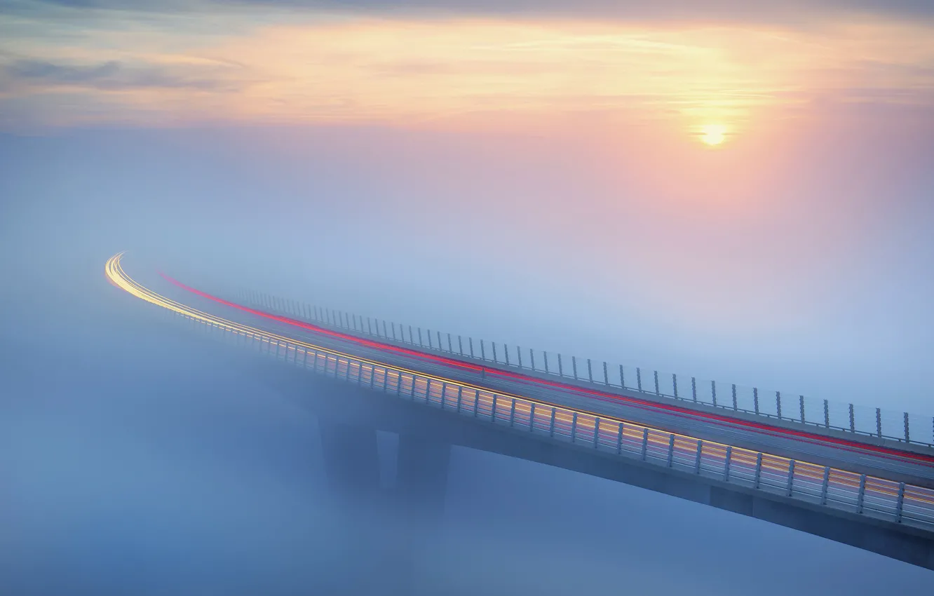 Photo wallpaper bridge, fog, The sun, traffic, bridge, sun, fog, traffic