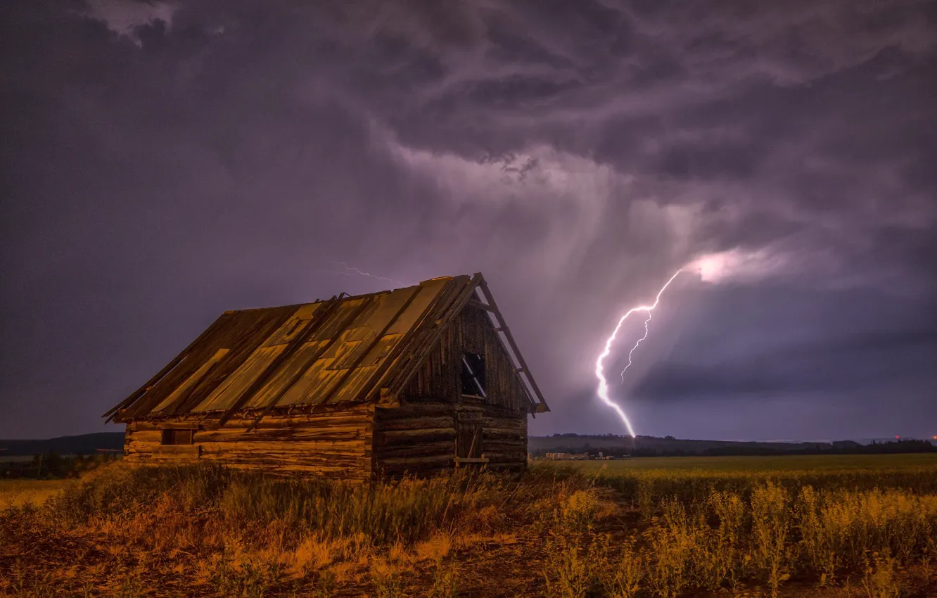 Photo wallpaper the storm, field, the sky, grass, night, clouds, lightning, home