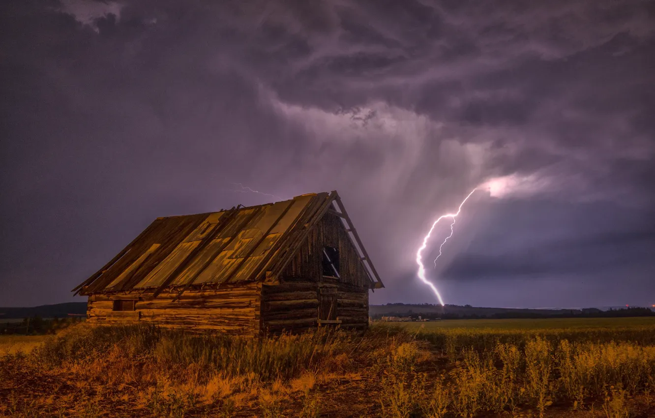 Photo wallpaper the storm, field, the sky, grass, night, clouds, house, lightning