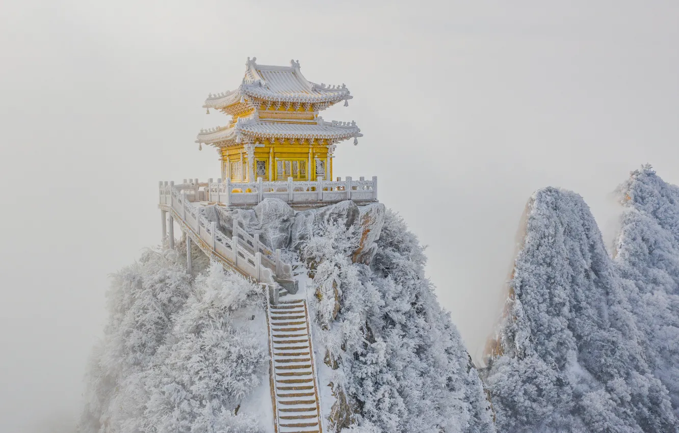 Photo wallpaper snow, rocks, frost, ladder, pagoda, rocks, snow, stairs