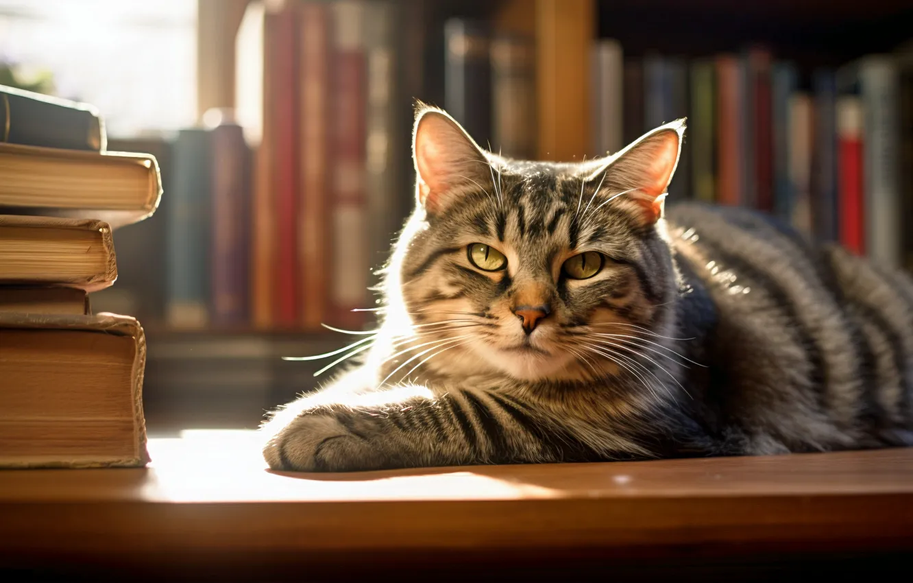 Photo wallpaper cat, cat, look, light, pose, table, lies, book
