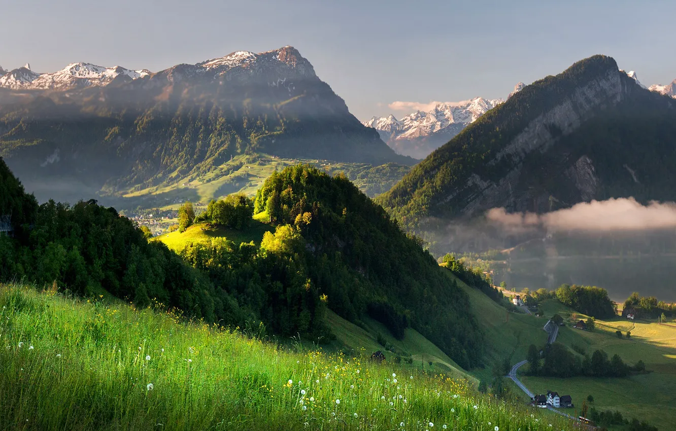 Photo wallpaper road, mountains, nature, fog, dawn, Switzerland, valley