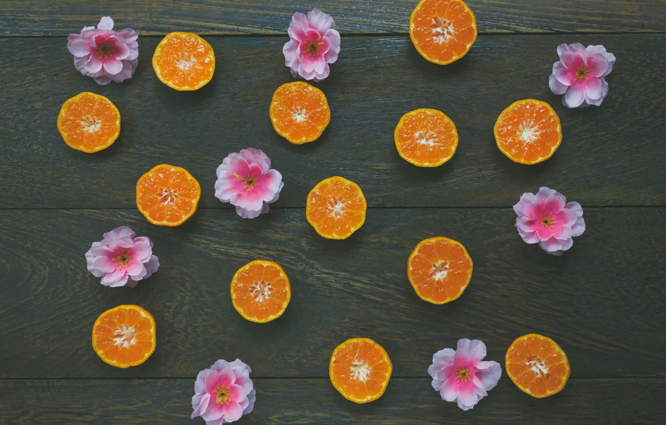 Photo wallpaper Flowers, Sakura, Mandarin, Citrus, Halves