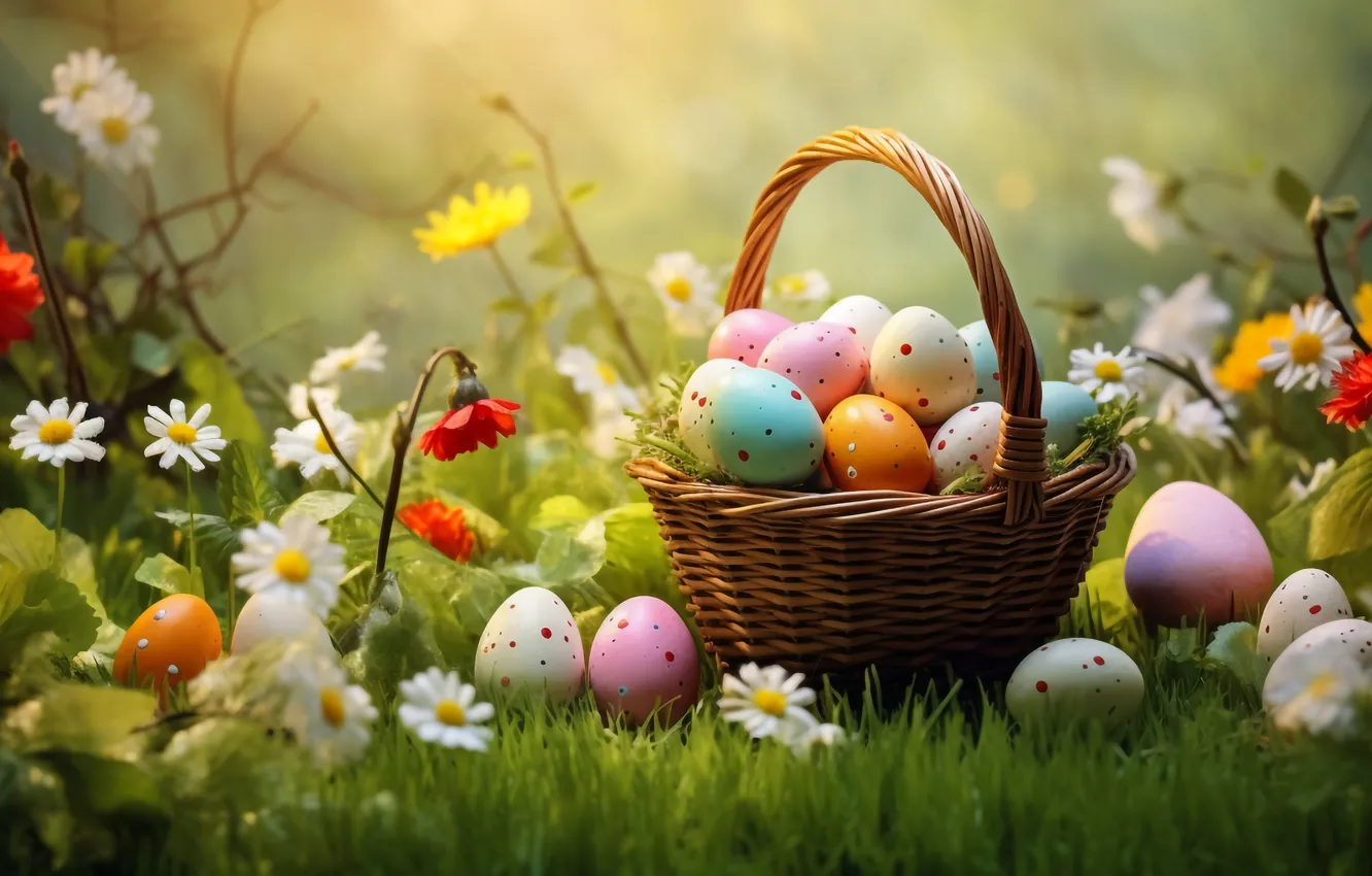 Photo wallpaper flowers, eggs, spring, colorful, Easter, flowers, spring, Easter