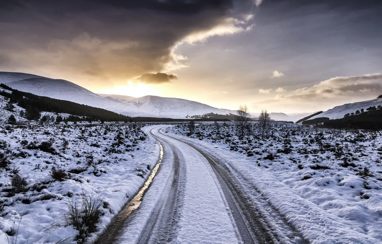 Photo wallpaper winter, road, morning
