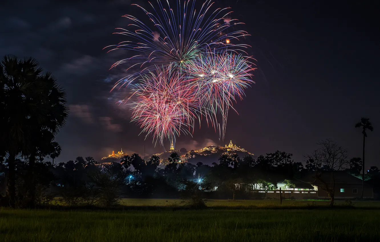 Photo wallpaper landscape, holiday, the evening, fireworks