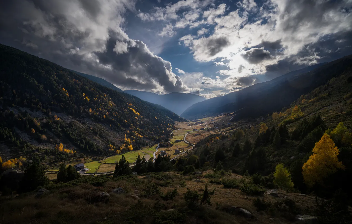 Photo wallpaper clouds, landscape, mountains, village, Andorra
