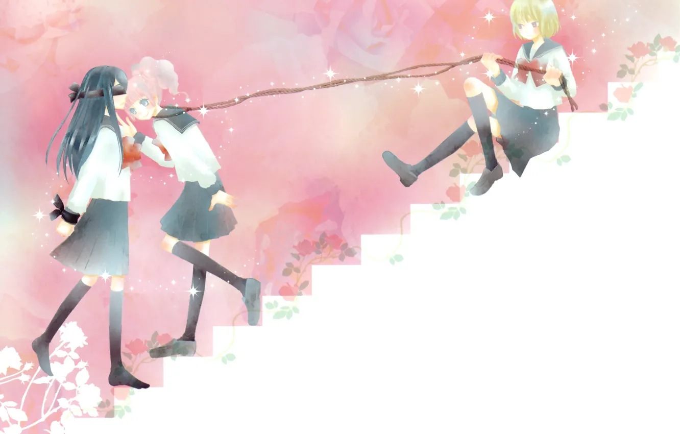 Photo wallpaper girl, stars, flowers, anime, art, headband, steps, mako takahashi