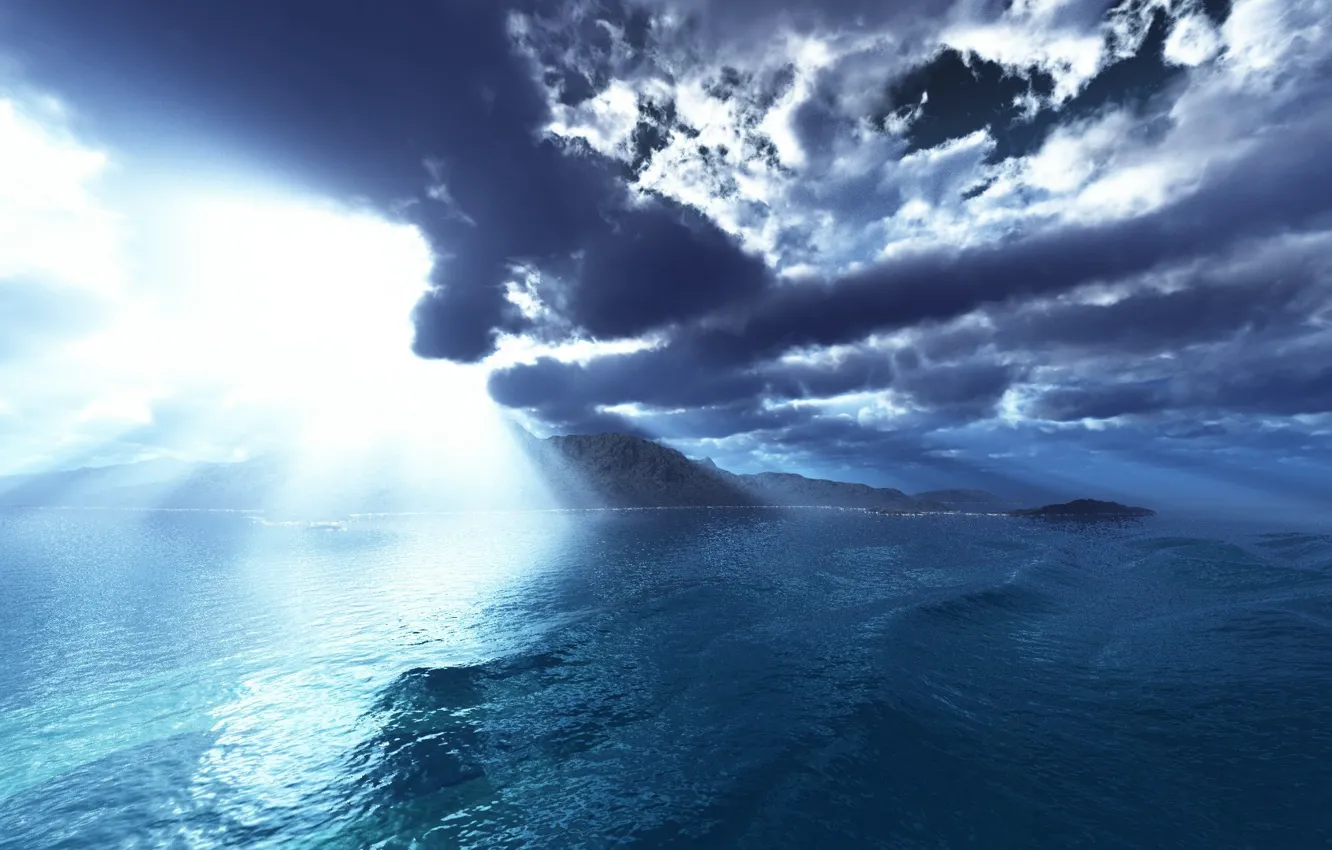 Photo wallpaper sea, wave, the sun, clouds, island, art, trbrchdm