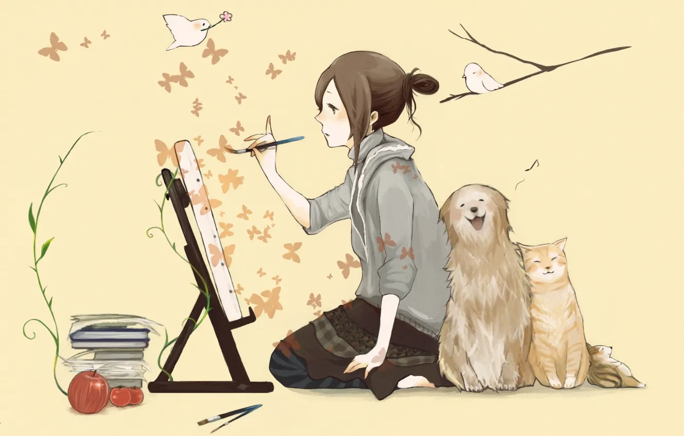 Photo wallpaper cat, butterfly, birds, books, dog, girl, brush, draws