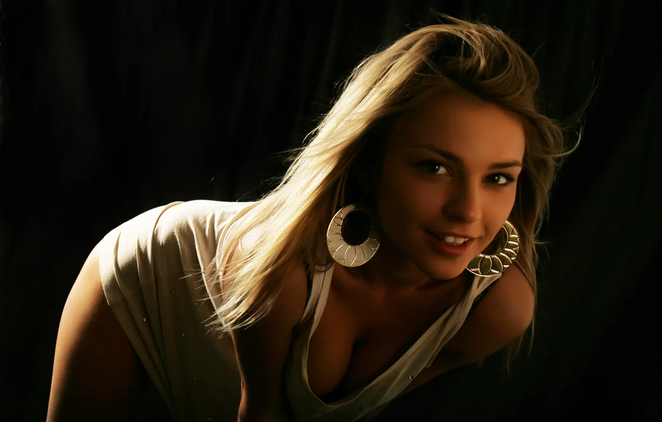 Photo wallpaper chest, look, girl, pose, smile, dark, earrings, Mike