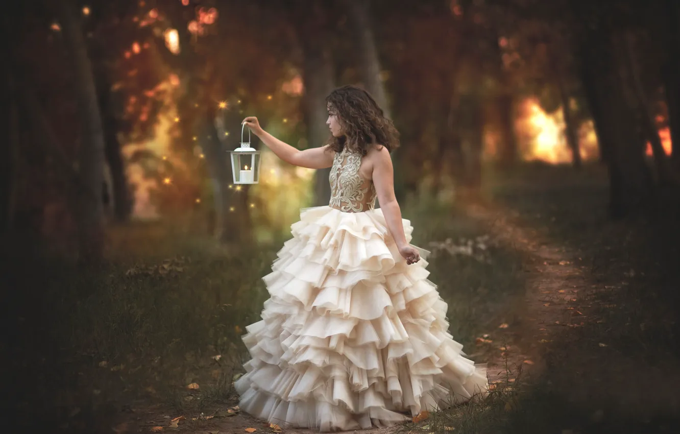 Photo wallpaper forest, girl, mood, lights, dress, flashlight, path