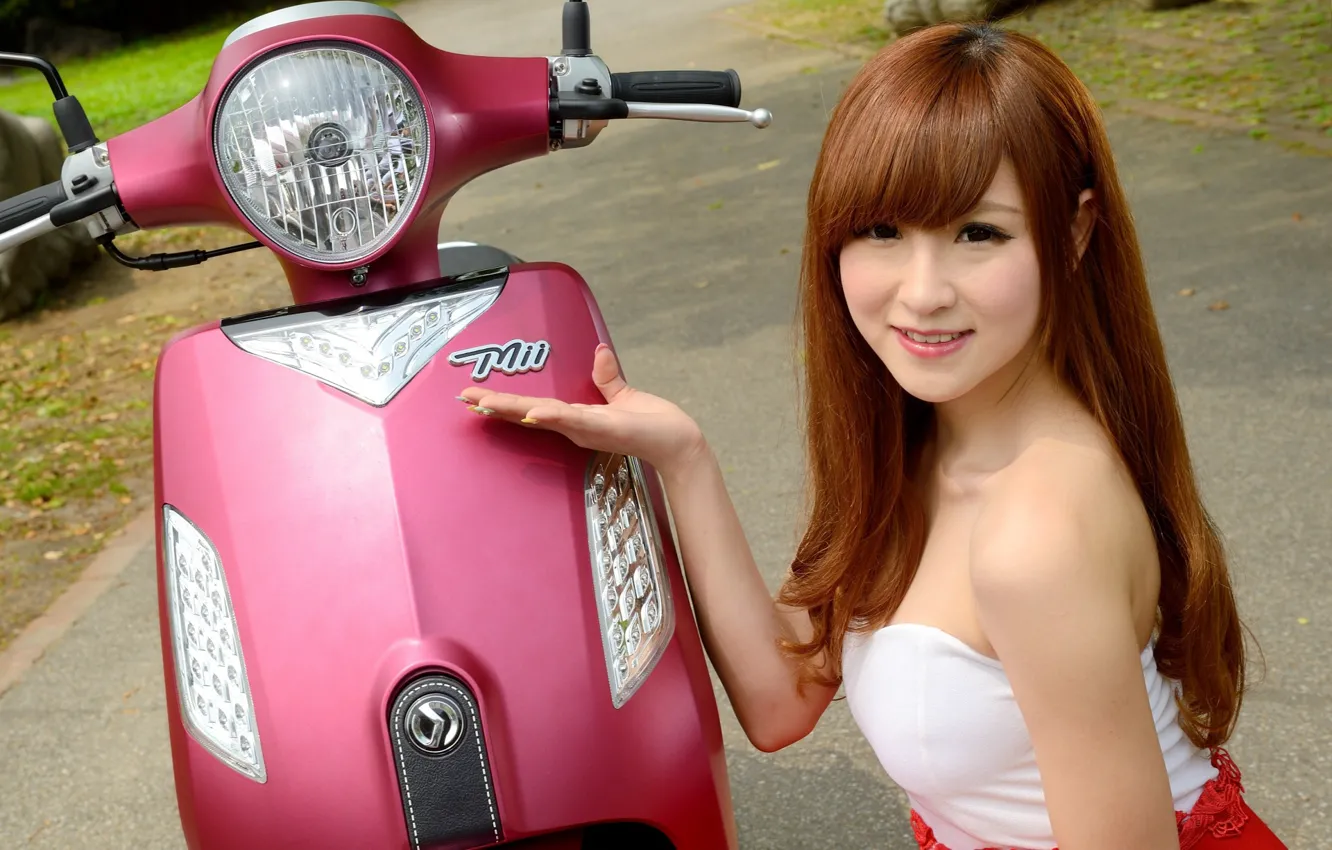 Photo wallpaper look, Girls, Asian, beautiful girl, scooter, posing on scooter, SYM Mii110