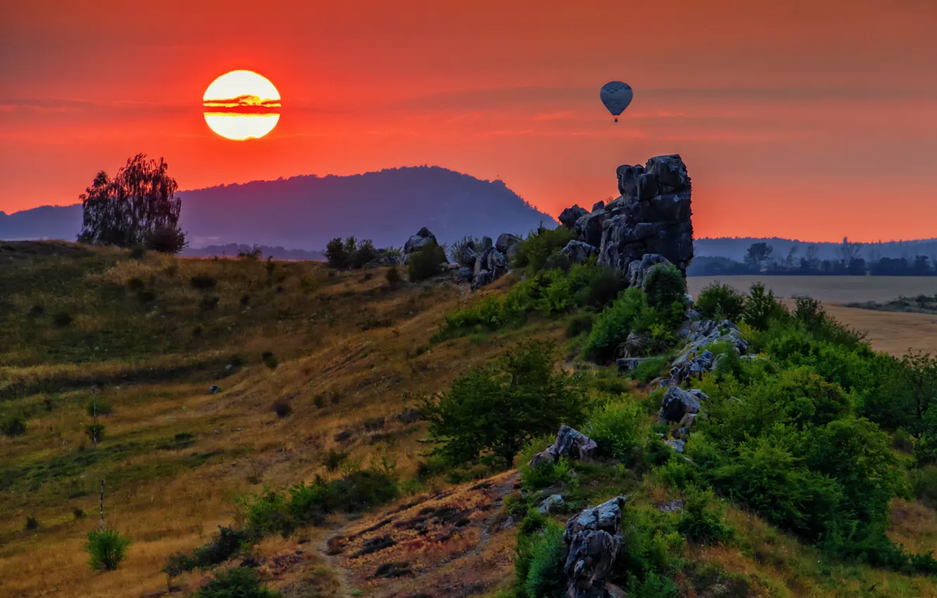 Photo wallpaper the sun, landscape, sunset, nature, balloon, rocks, Germany, Devil's Wall