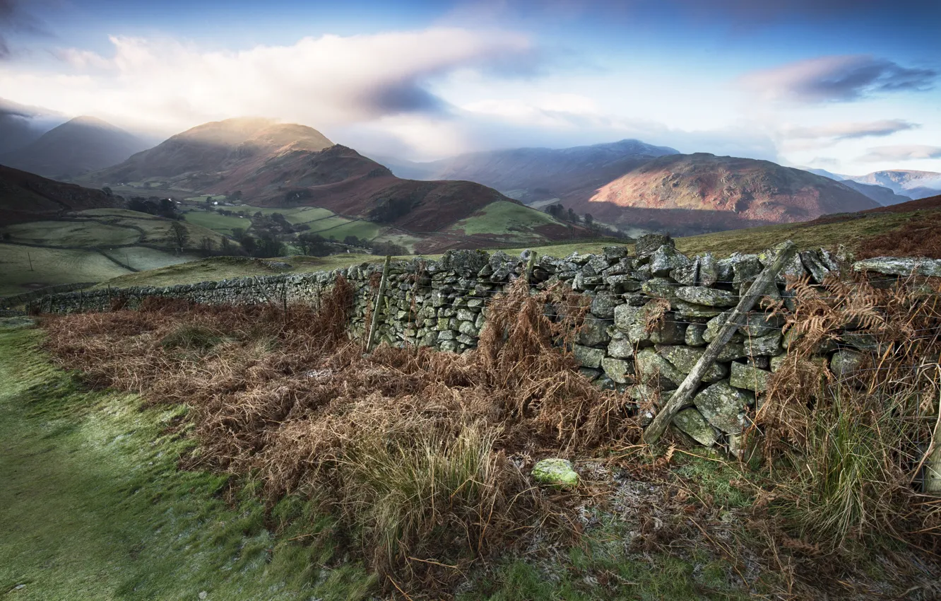 Photo wallpaper the sky, grass, clouds, mountains, the fence
