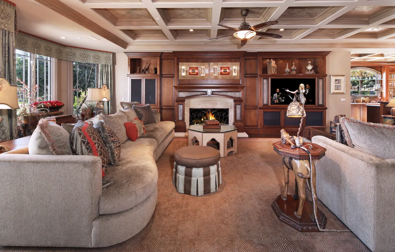 Wallpaper room, sofa, pillow, fireplace, mansion, living room for